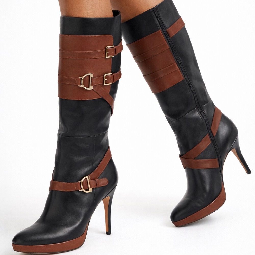 Cole Haan Carolyn Equestrian Black Brown Leather Boots Women’s Size 10